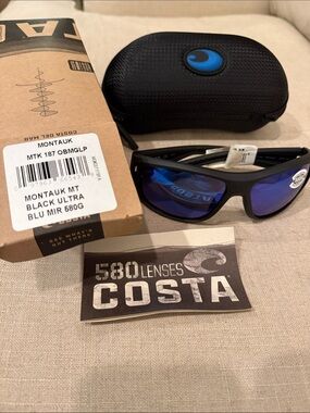 Costa Montauk Polarized Sunglasses Black Frame with Blue Mirror Lenses
